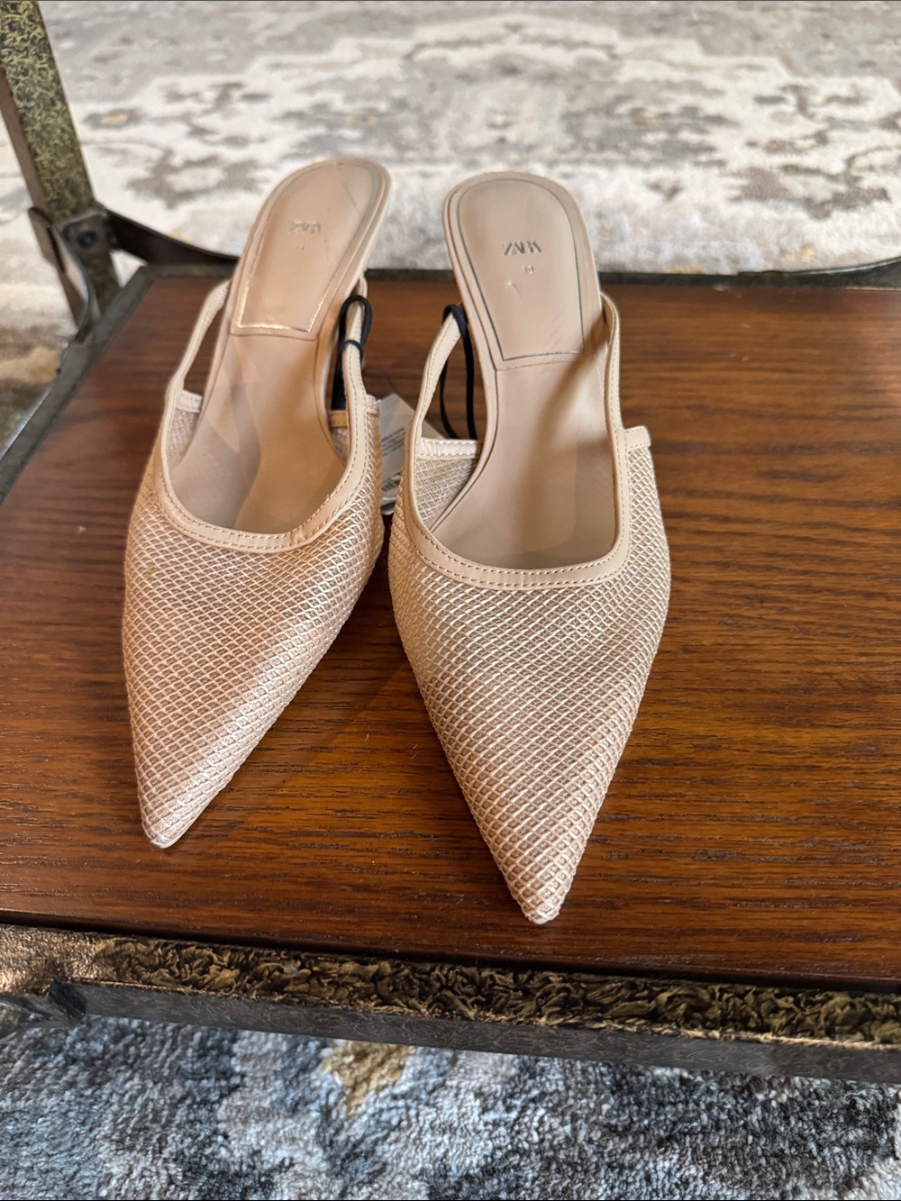 Zara Beige Pointed-Toe Mesh Slingback Mules